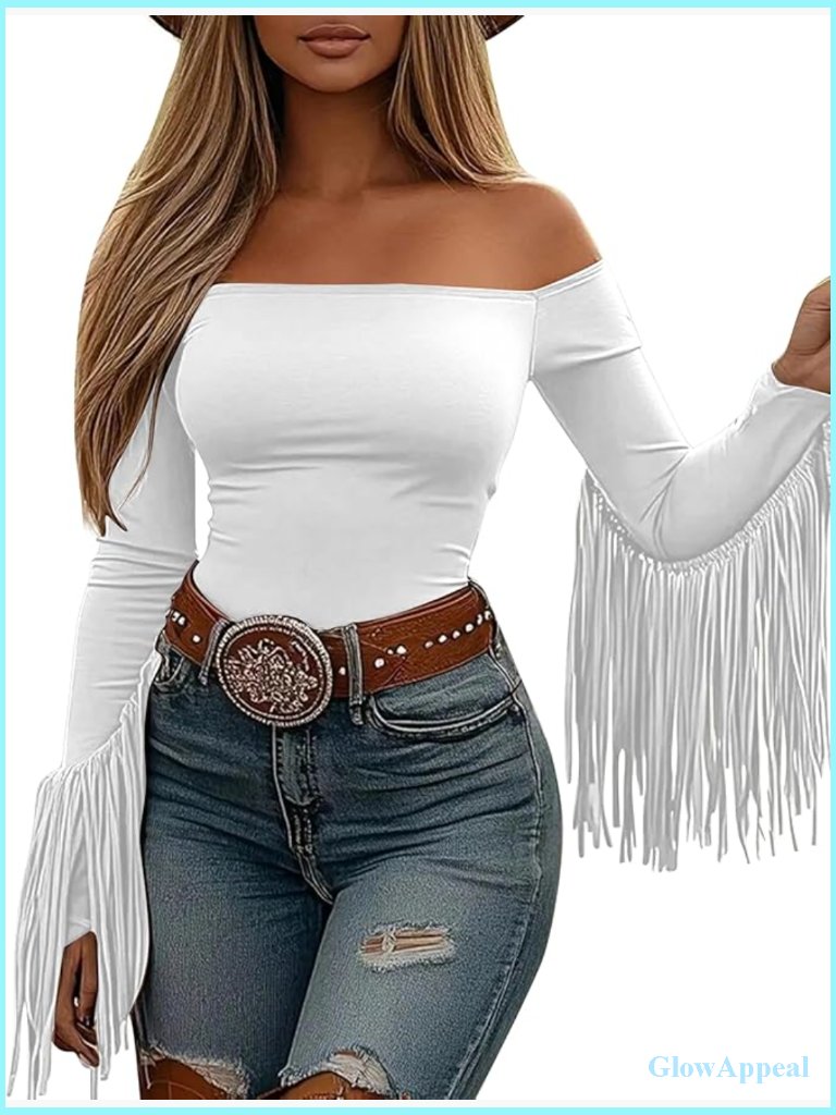 Fringe Off Shoulder Long Sleeve Crop Top With Tassels Cowgirl Blouse